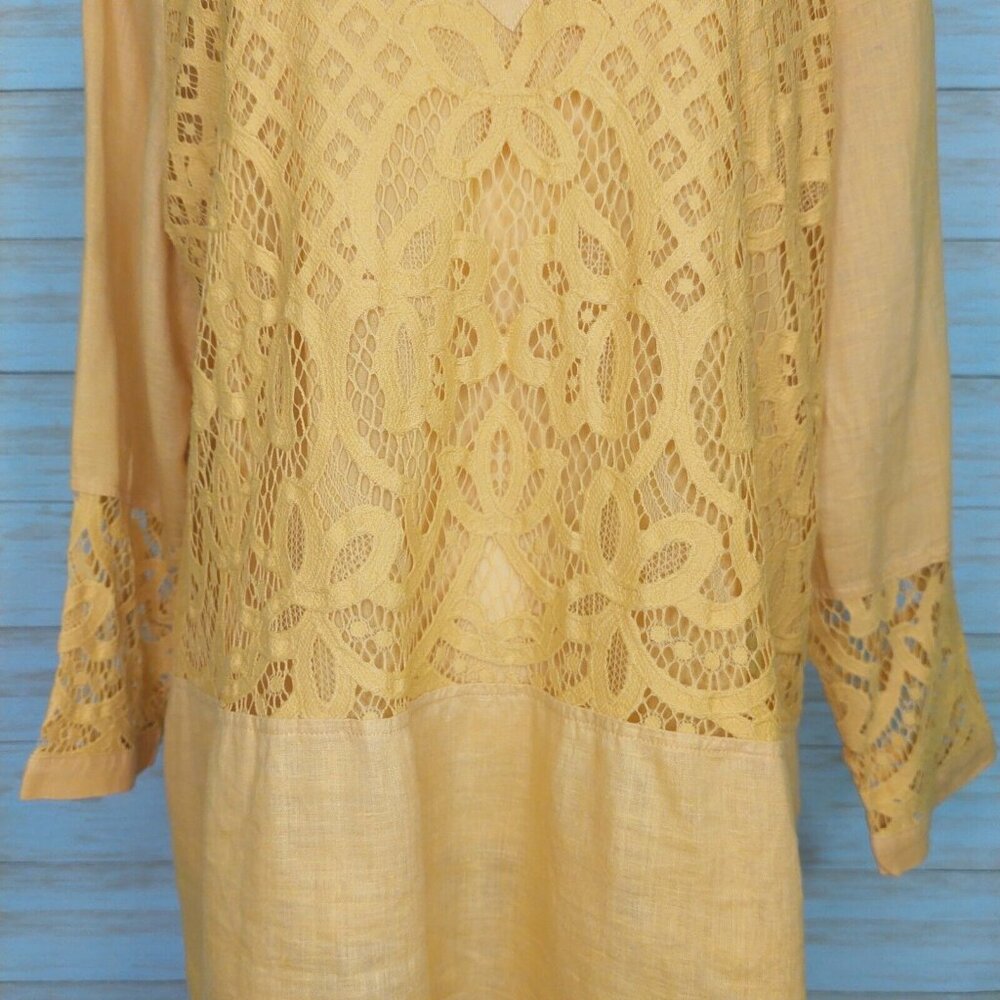 Chico's Women's Top Yellow Linen Lace Front Long Sleeve Tunic Shirt Blouse XL - Picture 6 of 14